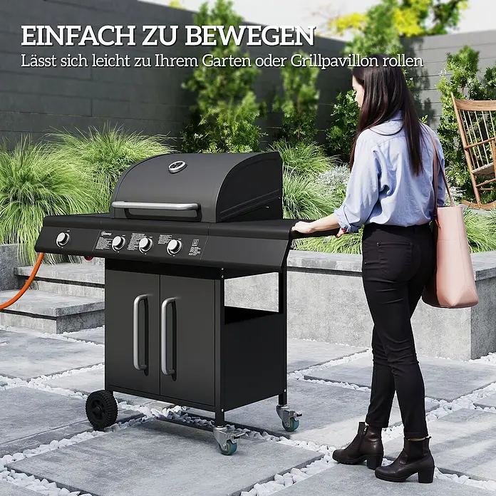 Outsunny Gasgrill - Anzahl Brenner: 3 Stk. - Schwarzer Gasgrill auf Rädern, leicht von einer Person im Garten bewegt.