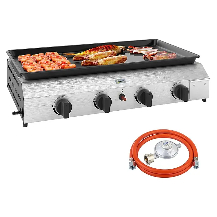 Outsunny Gasgrill - Anzahl Brenner: 4 Stk. - Silberne Gasgrillplatte mit schwarzer Kochfläche und Reglern, grillt Speisen. Inkl. orangefarbenem Gasschlauch mit Regler.