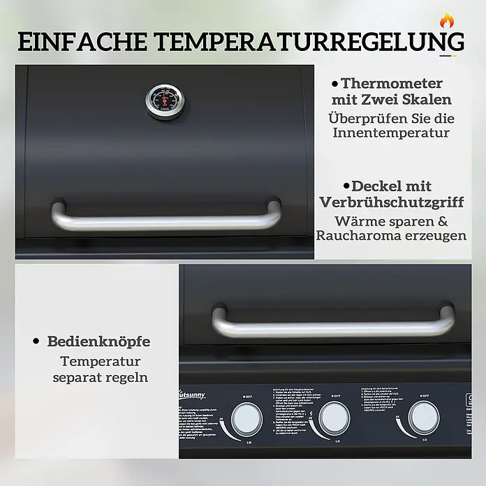 Outsunny Gasgrill - Anzahl Brenner: 3 Stk. - Schwarzer Grill mit integriertem Thermometer, ergonomischem Deckelgriff und separaten Temperaturreglern.