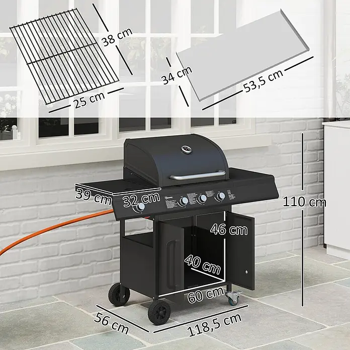 Outsunny Gasgrill - Anzahl Brenner: 3 Stk. - Schwarzer Gasgrill mit Seitenablagen und Unterschrank, zeigt Maße von Rosten und Grill auf einer Außenterrasse.