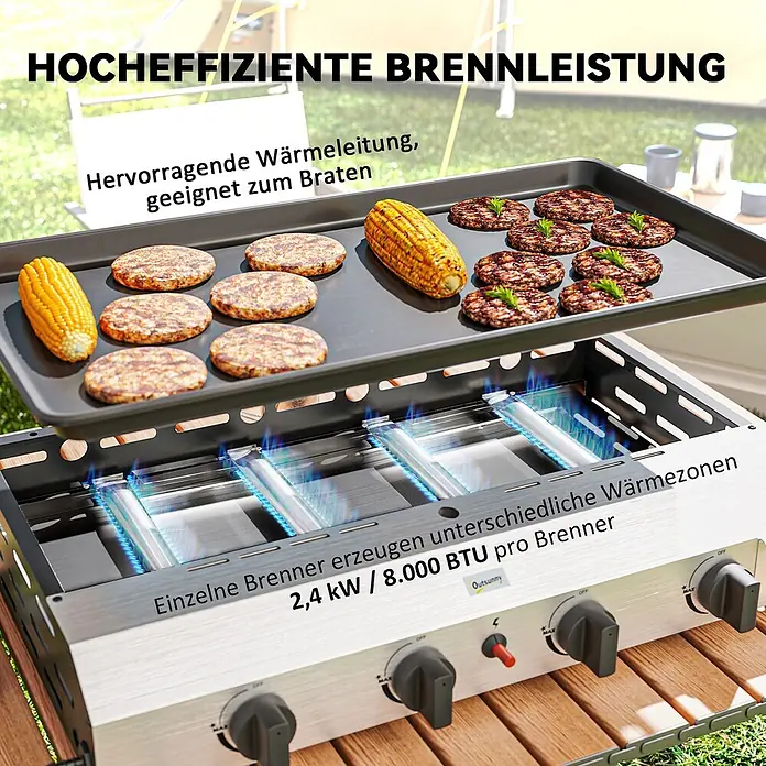 Outsunny Gasgrill - Anzahl Brenner: 4 Stk. - Hocheffiziente Gasgrillplatte aus Edelstahl mit 2,4 kW Brennern, die Burger und Mais im Freien brät.