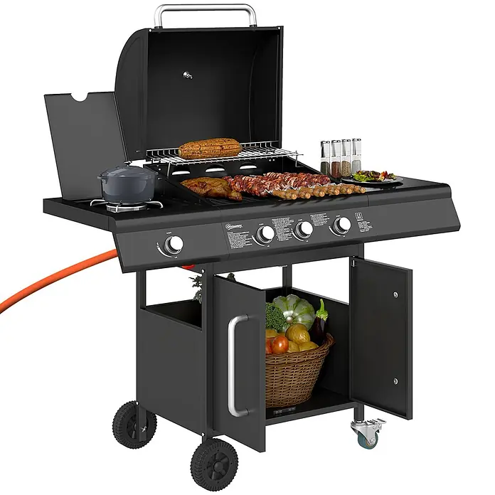 Outsunny Gasgrill - Anzahl Brenner: 3 Stk. - Schwarzer Gasgrill mit mehreren Brennern, Seitenkochfeld, Grillgut und Unterschrank auf Rollen.