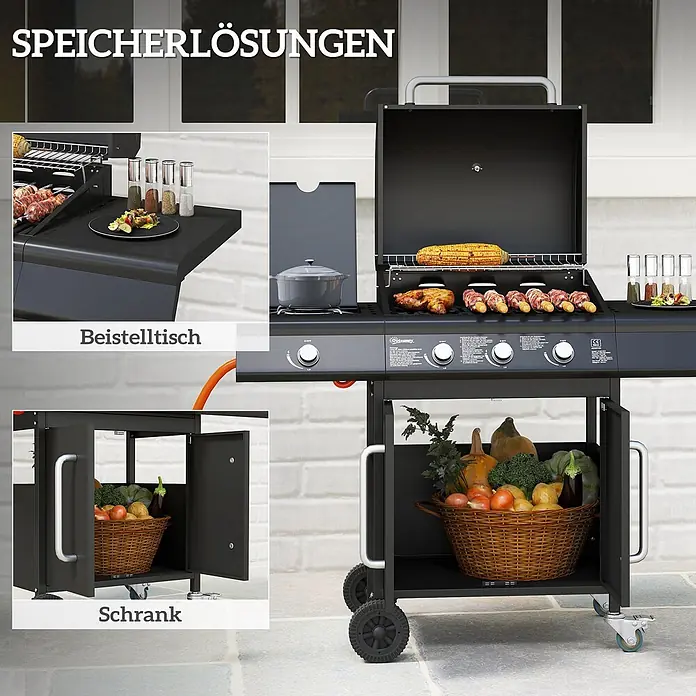 Outsunny Gasgrill - Anzahl Brenner: 3 Stk. - Schwarzer Gasgrill mit Kochfeld, Beistelltisch und integriertem Schrank als Stauraumlösung, beladen mit Essen und Gemüse.