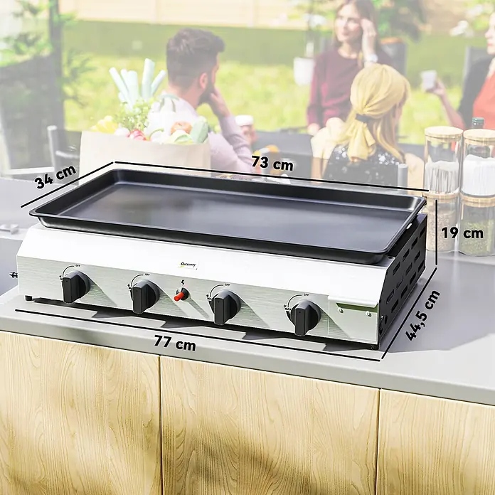 Outsunny Gasgrill - Anzahl Brenner: 4 Stk. - Silberne Outsunny Gas-Grillplatte mit schwarzer Kochfläche (73x34cm) und vier Knöpfen, mit Gesamtmaßen (77x44.5x19cm) auf einem Außentresen.