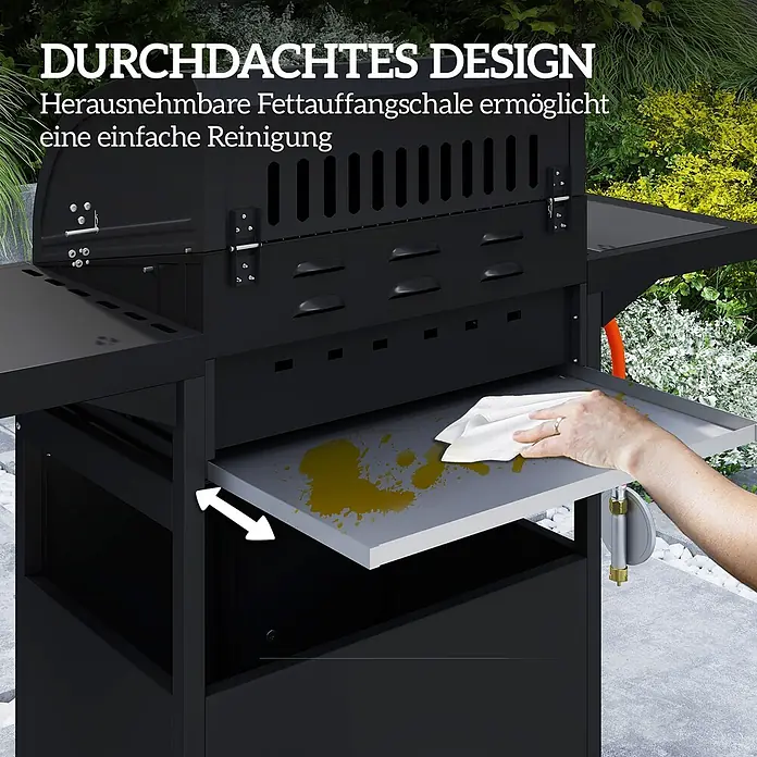 Outsunny Gasgrill - Anzahl Brenner: 3 Stk. - Schwarzer Gasgrill mit herausnehmbarer grauer Fettschale, die von einer Hand gereinigt wird. Die Schale lässt sich zur einfachen Reinigung herausschieben.