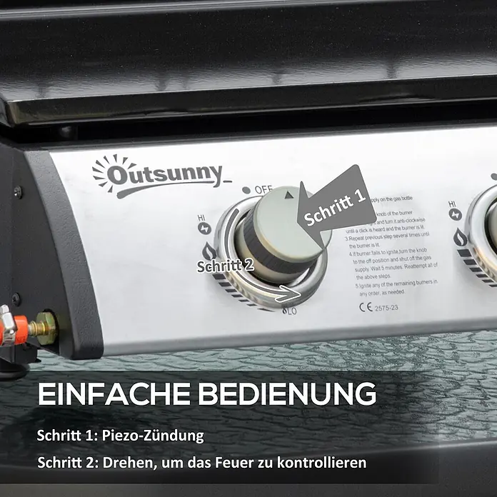Outsunny Gasgrill - Anzahl Brenner: 3 Stk. - Outsunny Gasgrill-Bedienfeld aus Edelstahl mit schwarzem Knopf, Anleitung für Piezo-Zündung und Flammenkontrolle.