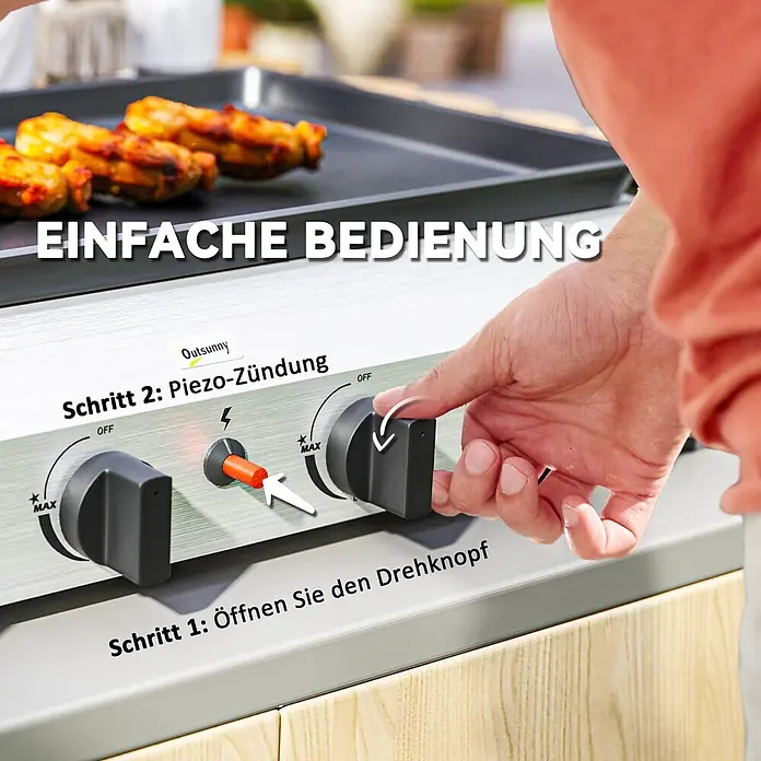 Outsunny Gasgrill - Anzahl Brenner: 4 Stk. - Eine Hand dreht einen schwarzen Knopf an der silbernen Bedienblende eines Grills und illustriert die einfache Piezo-Zündung mit Textüberlagerungen.