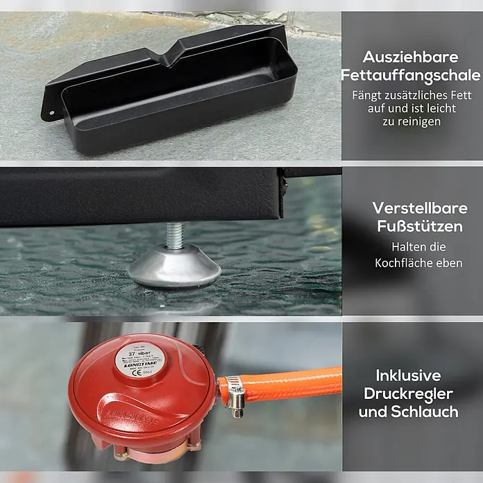 Outsunny Gasgrill - Anzahl Brenner: 3 Stk. - Eine schwarze ausziehbare Fettauffangschale, ein verstellbarer silberner Nivellierfuß und ein roter Gasdruckregler mit orangefarbenem Schlauch für ein Gasgerät.