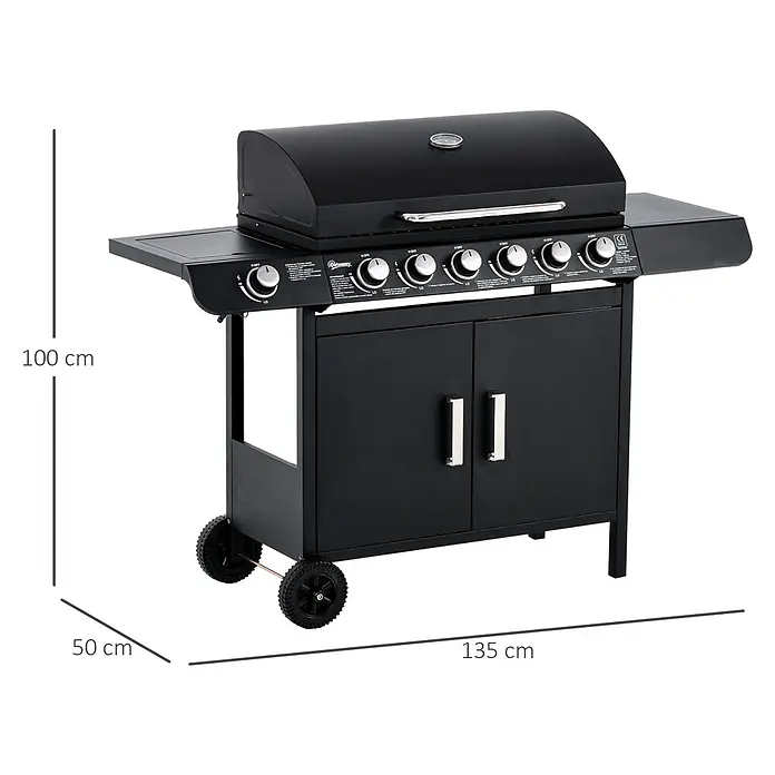 Outsunny Gasgrill - Anzahl Brenner: 1 Stk. - Schwarzer Gasgrill mit 6 Brennern, Seitenablagen, Unterschrank und Rädern. Integriertes Thermometer.