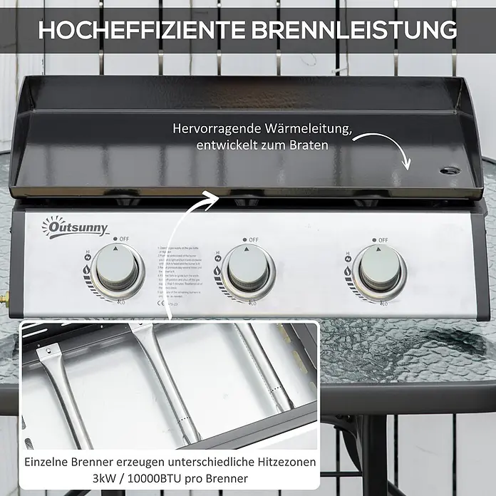 Outsunny Gasgrill - Anzahl Brenner: 3 Stk. - Outsunny 3-Flammen Gasgrillplatte mit schwarzer Kochfläche und silbernem Bedienfeld, für effizientes Braten mit individuellen Heizzonen.
