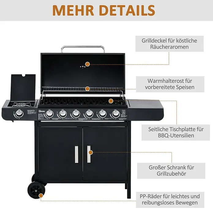 Outsunny Gasgrill - Anzahl Brenner: 1 Stk. - Schwarzer Gasgrill mit Seitenbrenner, Warmhalterost, Seitenablage, Schrank und Rollen.