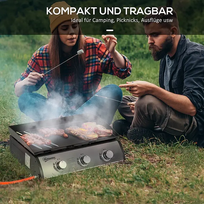 Outsunny Gasgrill - Anzahl Brenner: 3 Stk. - Tragbare schwarze und silberne Gaskochplatte, die Spieße, Würstchen und Rippchen draußen beim Picknick zubereitet.
