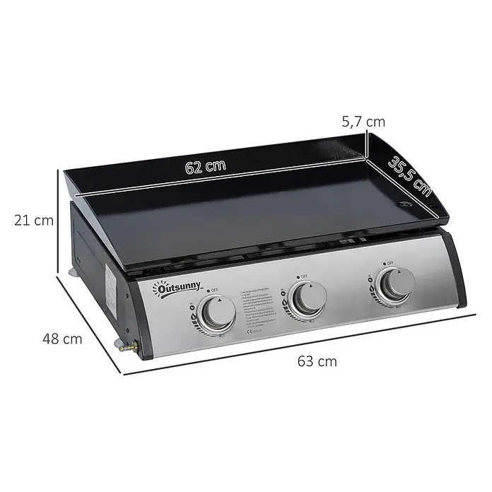 Outsunny Gasgrill - Anzahl Brenner: 3 Stk. - Schwarz-silberne Gas-Grillplatte mit drei Bedienknöpfen, 63 cm breit, 48 cm tief und 21 cm hoch.