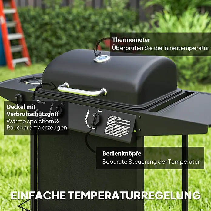 Outsunny Gasgrill - 7 kW, Anzahl Brenner: 2 Stk. - Schwarzer Gasgrill mit Thermometer, Deckel und Kontrollknöpfen.