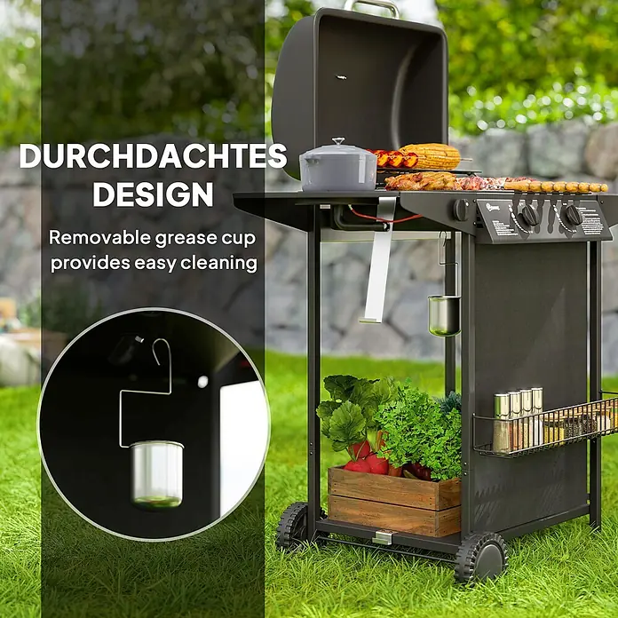 Outsunny Gasgrill - 7 kW, Anzahl Brenner: 2 Stk. - Schwarzer Gasgrill im Freien mit geöffnetem Deckel und Speisen. Mit abnehmbarer Fettschale und integriertem Stauraum.