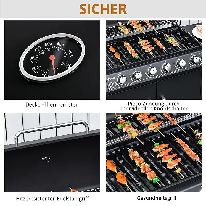 Outsunny Gasgrill - Anzahl Brenner: 1 Stk. - Gasgrill mit Deckelthermometer, Piezo-Zündung, Edelstahlgriff und Grillspießen auf dem Rost.