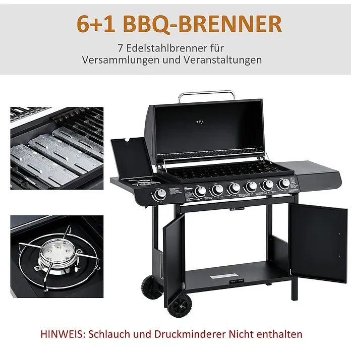 Outsunny Gasgrill - Anzahl Brenner: 1 Stk. - Schwarzer Gas-BBQ-Grill mit 6 Haupt- und 1 Seitenbrenner, Edelstahlkomponenten und Unterbau auf Rädern.