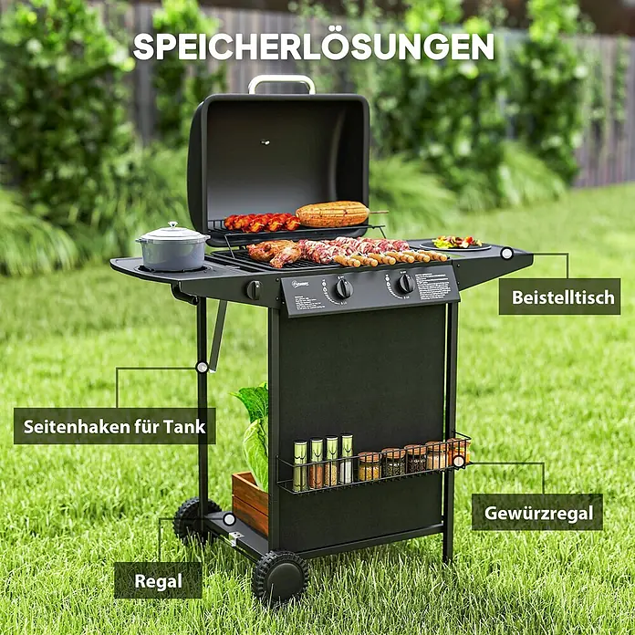Outsunny Gasgrill - 7 kW, Anzahl Brenner: 2 Stk. - Schwarzer Metall-Gasgrill mit Seitenablagen, Bodenregal, Gewürzregal und Gasflaschenhaken beim Grillen.
