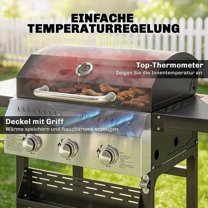 Outsunny Gasgrill - 9 kW, Anzahl Brenner: 3 Stk. - Ein Edelstahl-Gasgrill in Schwarz mit kochendem Essen, blauen Flammen, Thermometer und Bedienelementen zur Temperaturregelung.