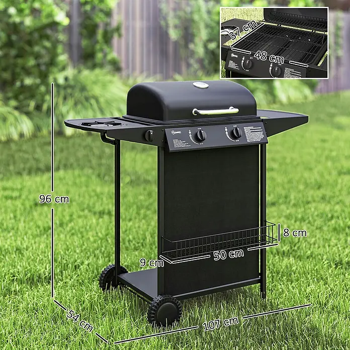 Outsunny Gasgrill - 7 kW, Anzahl Brenner: 2 Stk. - Schwarzer Gasgrill aus Metall mit Deckel, Seitenbrenner, Ablagen und Rädern. Maße: 96x107x54cm. Grillfläche 48x37cm.