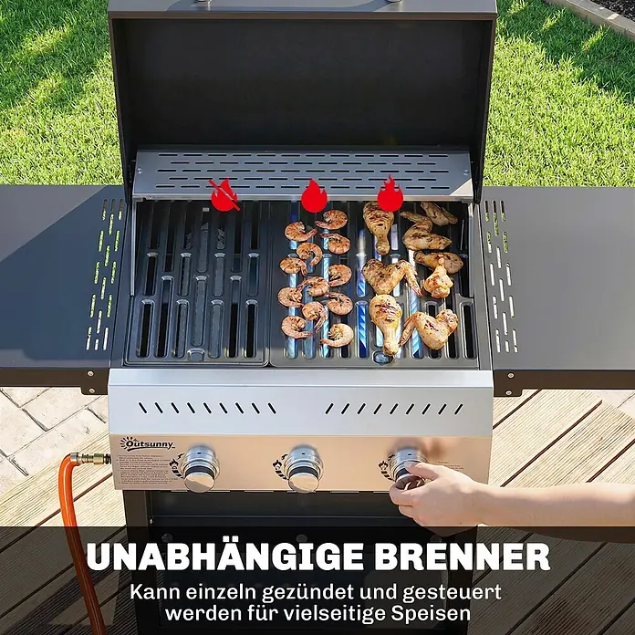 Outsunny Gasgrill - 9 kW, Anzahl Brenner: 3 Stk. - Ein Gasgrill aus Edelstahl und Schwarz mit mehreren Brennern, einige garen Garnelen und Hähnchen, während einer aus ist, was die unabhängige Hitzeregelung zeigt.