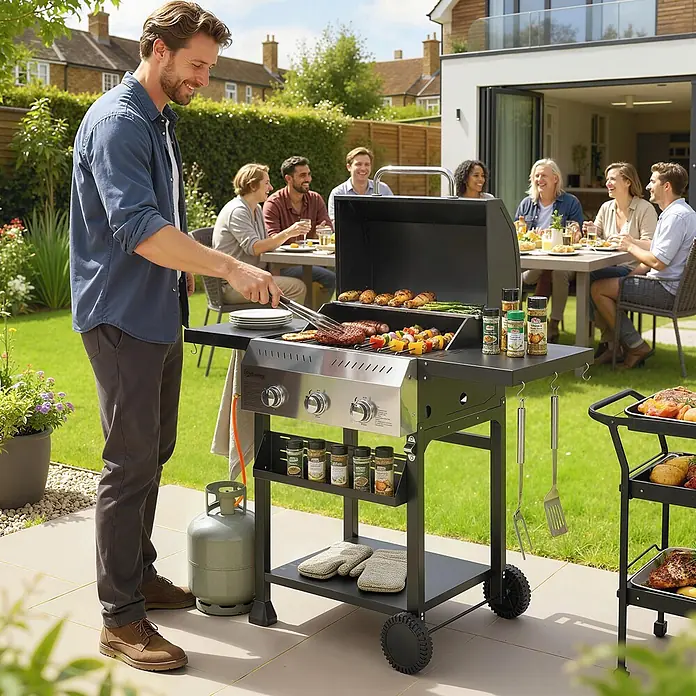 Outsunny Gasgrill - 9 kW, Anzahl Brenner: 3 Stk. - Schwarzer und Edelstahl Gasgrill mit Seitenablagen, von einem Mann beim Grillen im Freien mit Freunden genutzt.