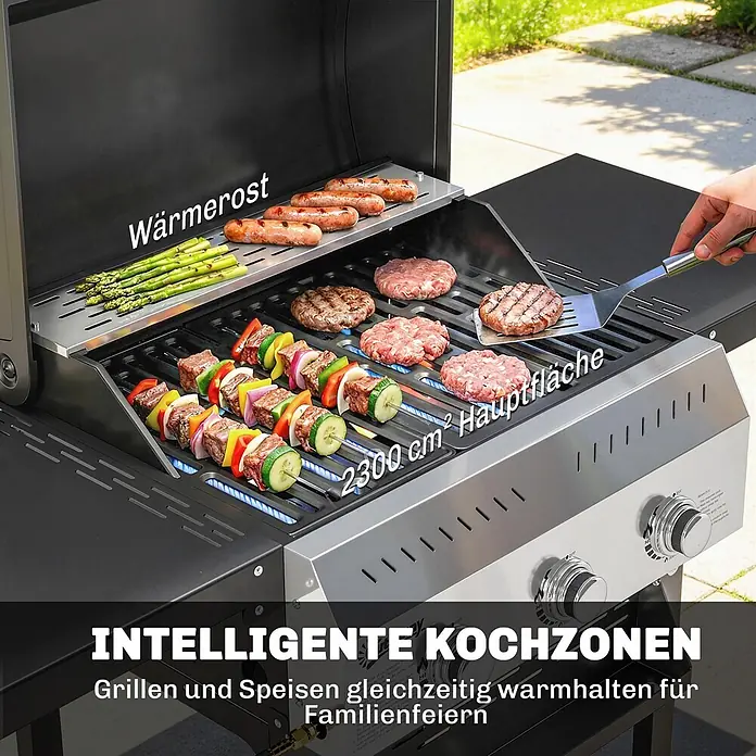 Outsunny Gasgrill - 9 kW, Anzahl Brenner: 3 Stk. - Silberner und schwarzer Gasgrill mit Wärmerost und 2300 cm² Hauptfläche, intelligente Zonen zum Grillen und Warmhalten von Speisen.