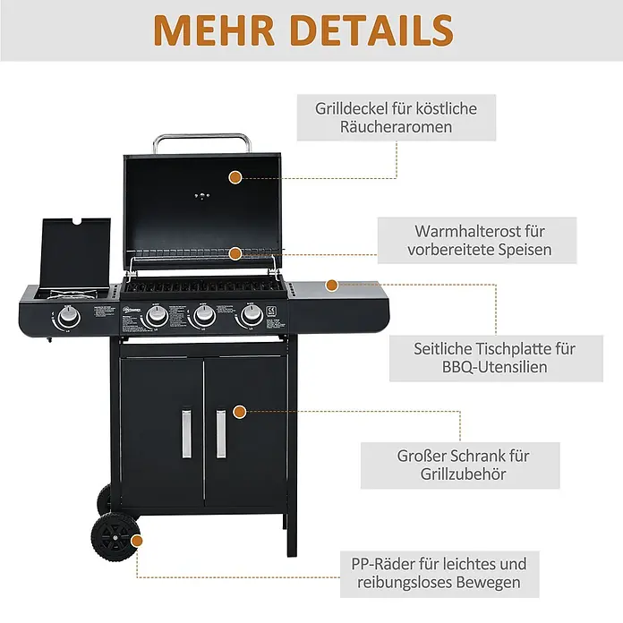 Outsunny Gasgrill - Anzahl Brenner: 1 Stk. - Schwarzer Gasgrill mit offenem Deckel, Seitenablage und Unterschrank auf Rollen.
