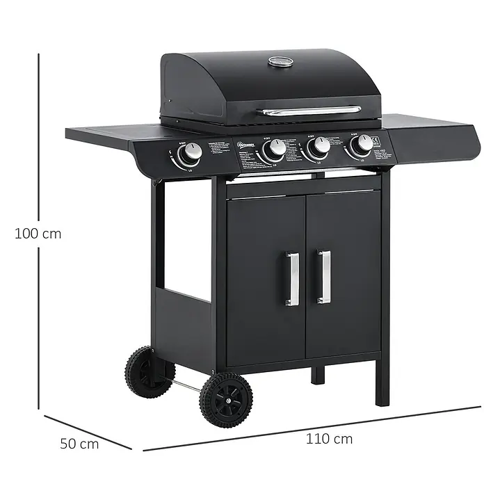 Outsunny Gasgrill - Anzahl Brenner: 1 Stk. - Schwarzer Outsunny Gasgrill mit zwei Seitenablagen, Doppeltürschrank und Rollen. Maße: 100x110x50 cm.