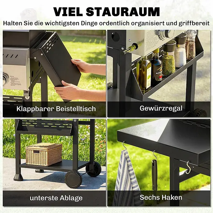 Outsunny Gasgrill - 9 kW, Anzahl Brenner: 3 Stk. - Schwarzer Metall-Grillwagen mit Klapptisch, Gewürzregal, unterer Ablage und Haken. Organisierte Aufbewahrung für Grillutensilien.