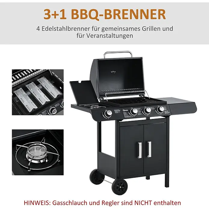 Outsunny Gasgrill - Anzahl Brenner: 1 Stk. - Schwarzer Gasgrill mit 3+1 Edelstahlbrennern, seitlicher Kochplatte, Bedientasten, Unterschrank und Rollen.