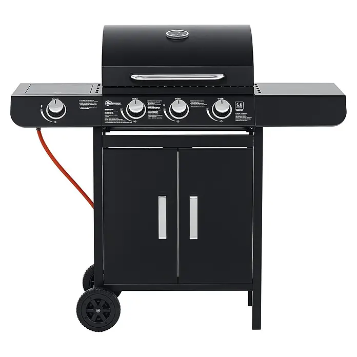 Outsunny Gasgrill - Anzahl Brenner: 1 Stk. - Schwarzer Gasgrill mit Seitenbrenner, mehreren Bedienknöpfen, integriertem Thermometer und zweitürigem Unterschrank auf Rädern.