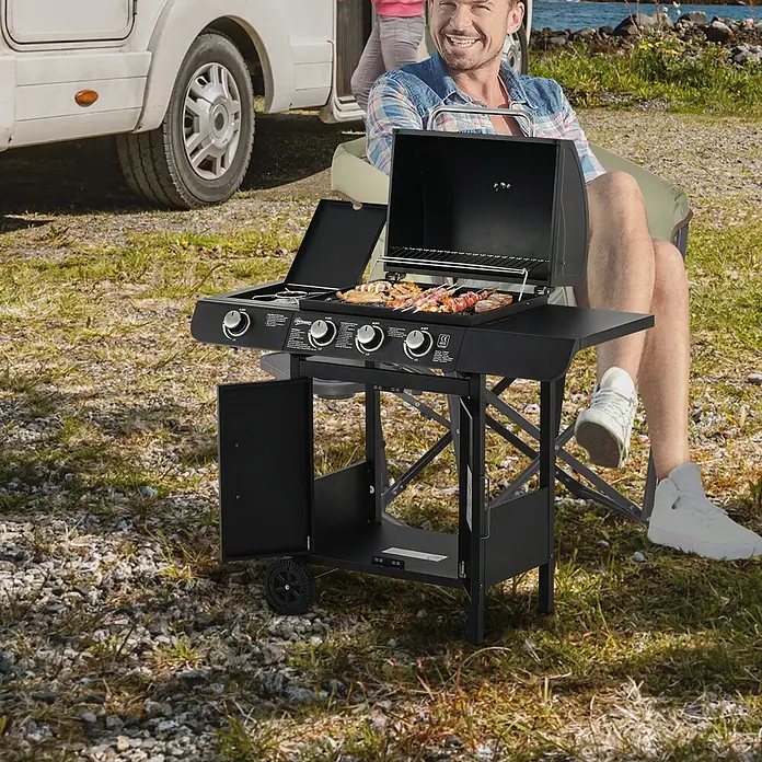 Outsunny Gasgrill - Anzahl Brenner: 1 Stk. - Schwarzer Gasgrill mit kochendem Essen, im Freien beim Camping genutzt.