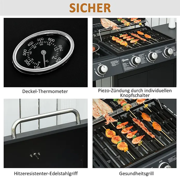 Outsunny Gasgrill - Anzahl Brenner: 1 Stk. - Schwarzer Gasgrill mit Deckelthermometer, Piezo-Zündung, hitzebeständigem Edelstahlgriff und Grillrost mit Speisen.