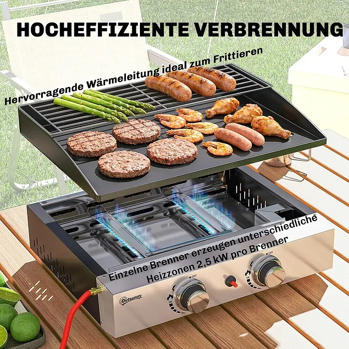 Outsunny Gasgrill - 5 kW, Anzahl Brenner: 2 Stk. - Tragbarer Gasgrill mit zwei 2,5 kW Brennern und Grillplatte, kocht verschiedene Speisen. Bietet effiziente Verbrennung und hervorragende Wärmeleitung.