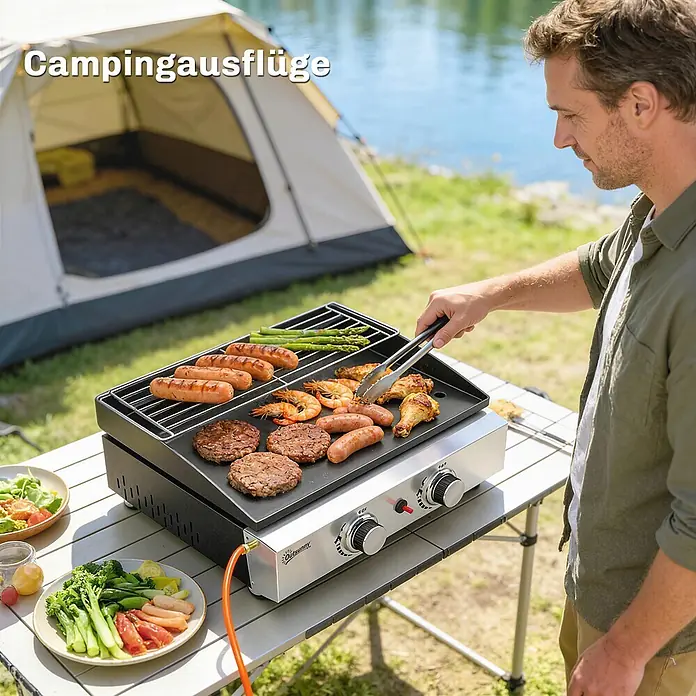 Outsunny Gasgrill - 5 kW, Anzahl Brenner: 2 Stk. - Tragbarer Gasgrill, schwarz und silber, mit zwei Kochzonen (Rost & Platte) für den Außeneinsatz.