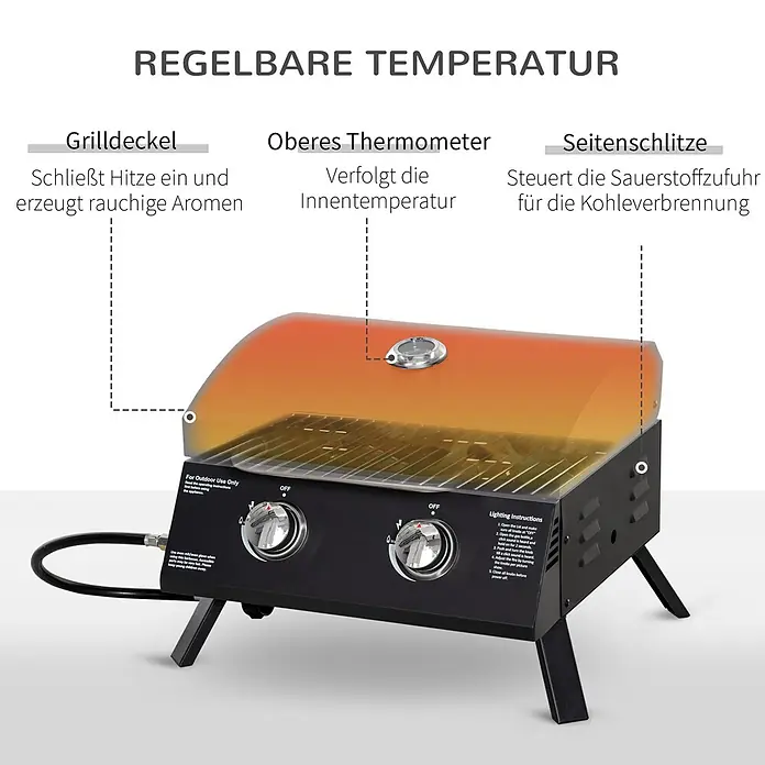 Outsunny Gasgrill - Anzahl Brenner: 2 Stk. - Ein tragbarer Gasgrill mit schwarzem Gehäuse und orangefarbenem Deckel, ausgestattet mit Temperaturreglern und Thermometer.