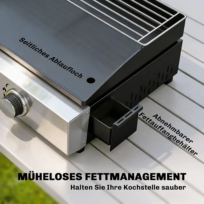 Outsunny Gasgrill - 5 kW, Anzahl Brenner: 2 Stk. - Ein schwarzer Gasgrill mit Edelstahlbedienfeld, seitlichem Ablaufloch und herausziehbarem Fettauffangbehälter zur einfachen Reinigung.