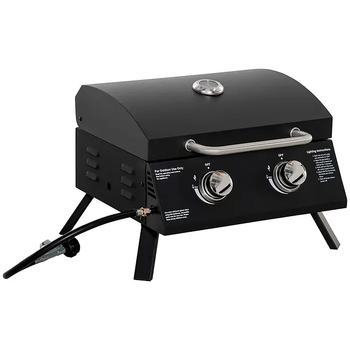 Outsunny Gasgrill - Anzahl Brenner: 2 Stk. - Schwarzer tragbarer Gasgrill mit zwei Brennern, silbernen Bedienelementen und Deckelthermometer, mit Gasschlauch.