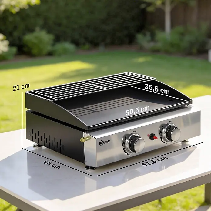 Outsunny Gasgrill - 5 kW, Anzahl Brenner: 2 Stk. - Schwarz-silberner Outsunny Tischgasgrill mit Plancha und Grillrost, ca. 51,5 x 44 x 21 cm.