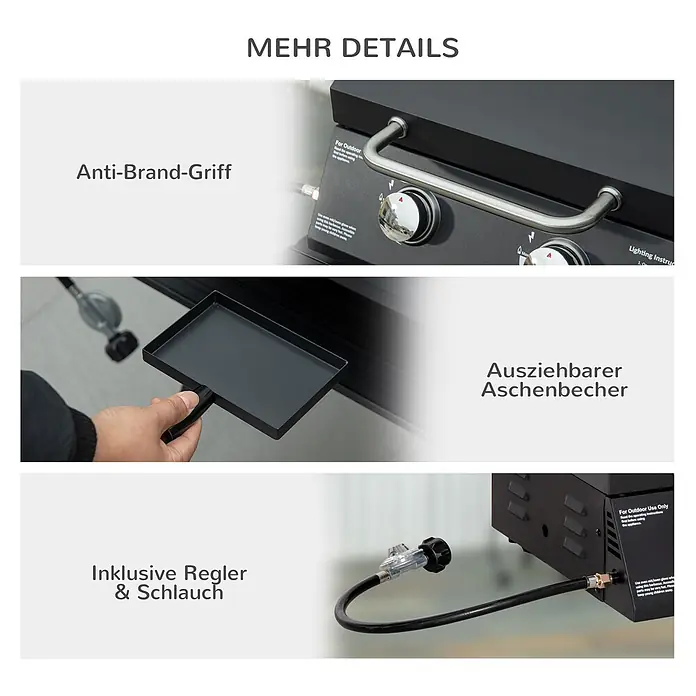 Outsunny Gasgrill - Anzahl Brenner: 2 Stk. - Details eines schwarzen Gasgrills: Edelstahlgriff, ausziehbare Fettschale und Gasregler mit Schlauch.