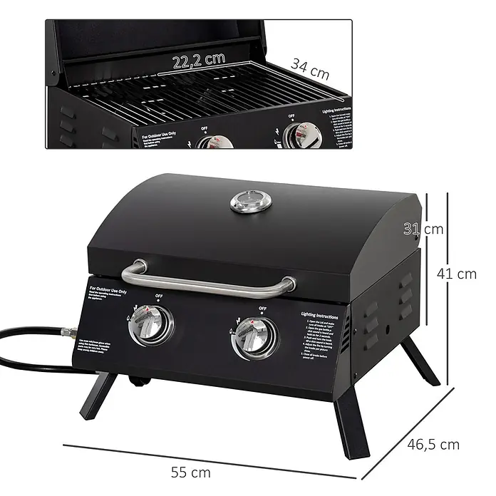 Outsunny Gasgrill - Anzahl Brenner: 2 Stk. - Schwarzer, kompakter Gasgrill mit zwei Brennern und Deckel.