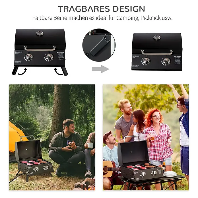 Outsunny Gasgrill - Anzahl Brenner: 2 Stk. - Schwarzer tragbarer Gasgrill mit klappbaren Beinen, ideal für Camping und Picknick.