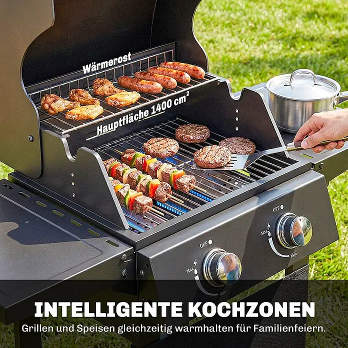 Outsunny Gasgrill - Anzahl Brenner: 2 Stk. - Schwarzer Gasgrill mit Essen auf Hauptrost und Wärmerost, zeigt intelligente Kochzonen für den Außeneinsatz.