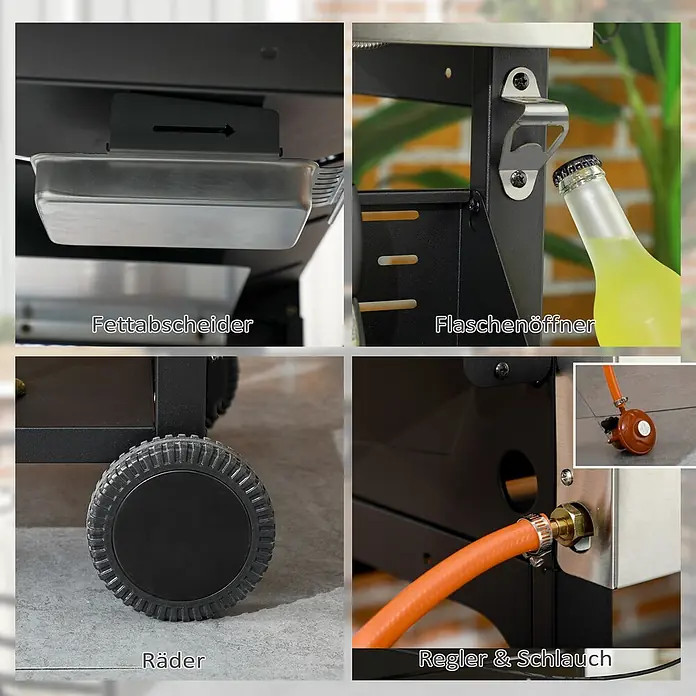 Outsunny Gasgrill - 3 kW, Anzahl Brenner: 3 Stk. - Detaillierte Ansichten eines schwarzen Grills: abnehmbare Fettwanne, integrierter Flaschenöffner, robuste Räder und Gasregler mit Schlauchanschluss.