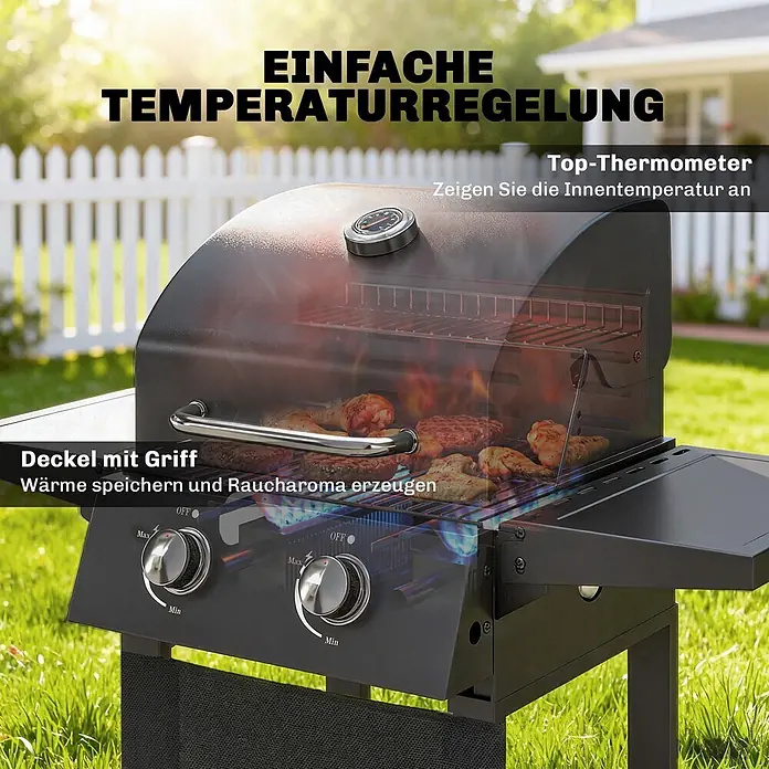 Outsunny Gasgrill - Anzahl Brenner: 2 Stk. - Schwarzer Gasgrill mit Deckel, integriertem Thermometer und Drehknöpfen, der draußen Speisen zubereitet.