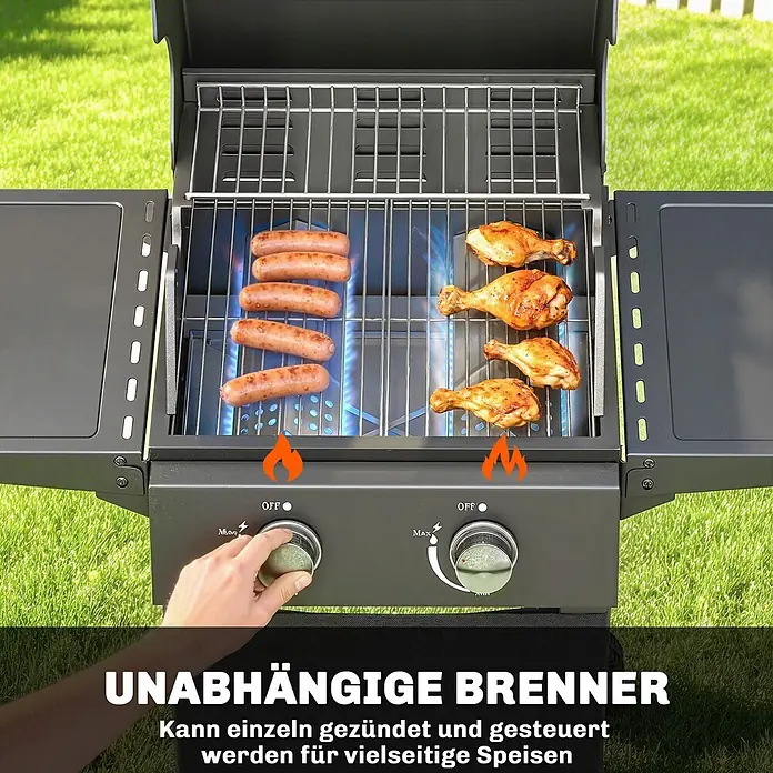 Outsunny Gasgrill - Anzahl Brenner: 2 Stk. - Dunkelgrauer Gasgrill mit unabhängigen Brennern. Würstchen und Hähnchen garen, eine Hand reguliert die Steuerung für vielseitige Zubereitung.