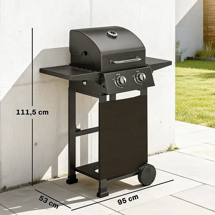 Outsunny Gasgrill - Anzahl Brenner: 2 Stk. - Schwarzer Gasgrill mit zwei Brennern, Seitenablagen und Maßen: 111,5 cm Höhe, 95 cm Breite, 53 cm Tiefe.