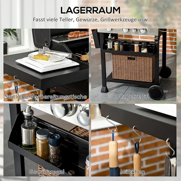 Outsunny Gasgrill - 3 kW, Anzahl Brenner: 3 Stk. - Schwarzer Grill mit Seitenablagen, Gewürzregal, Ablagefläche und Haken für Grillutensilien.
