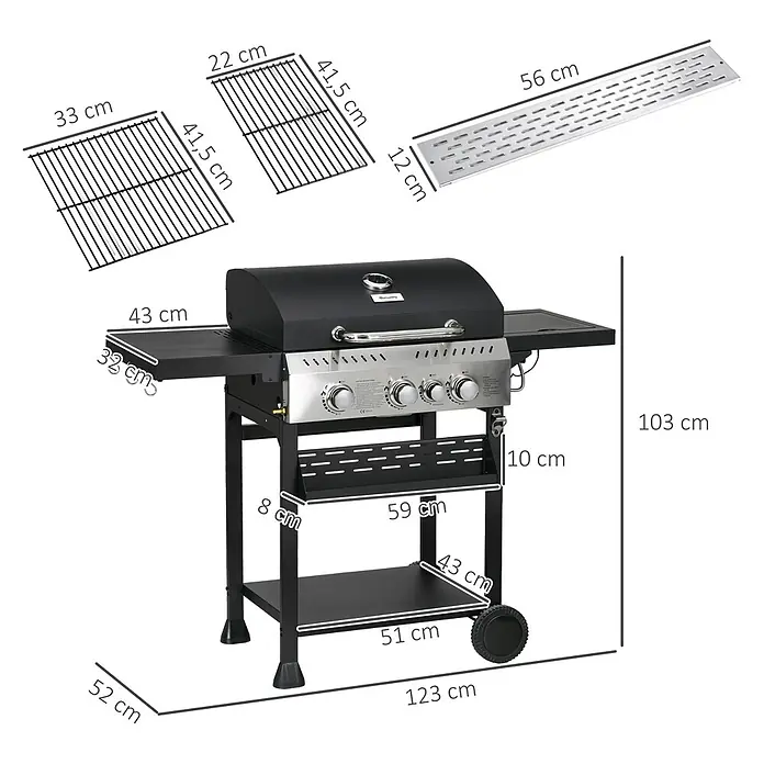 Outsunny Gasgrill - 3 kW, Anzahl Brenner: 3 Stk. - Schwarzer und silberner Gasgrill mit Seitenablagen, zwei Grillrosten und Warmhalterost.